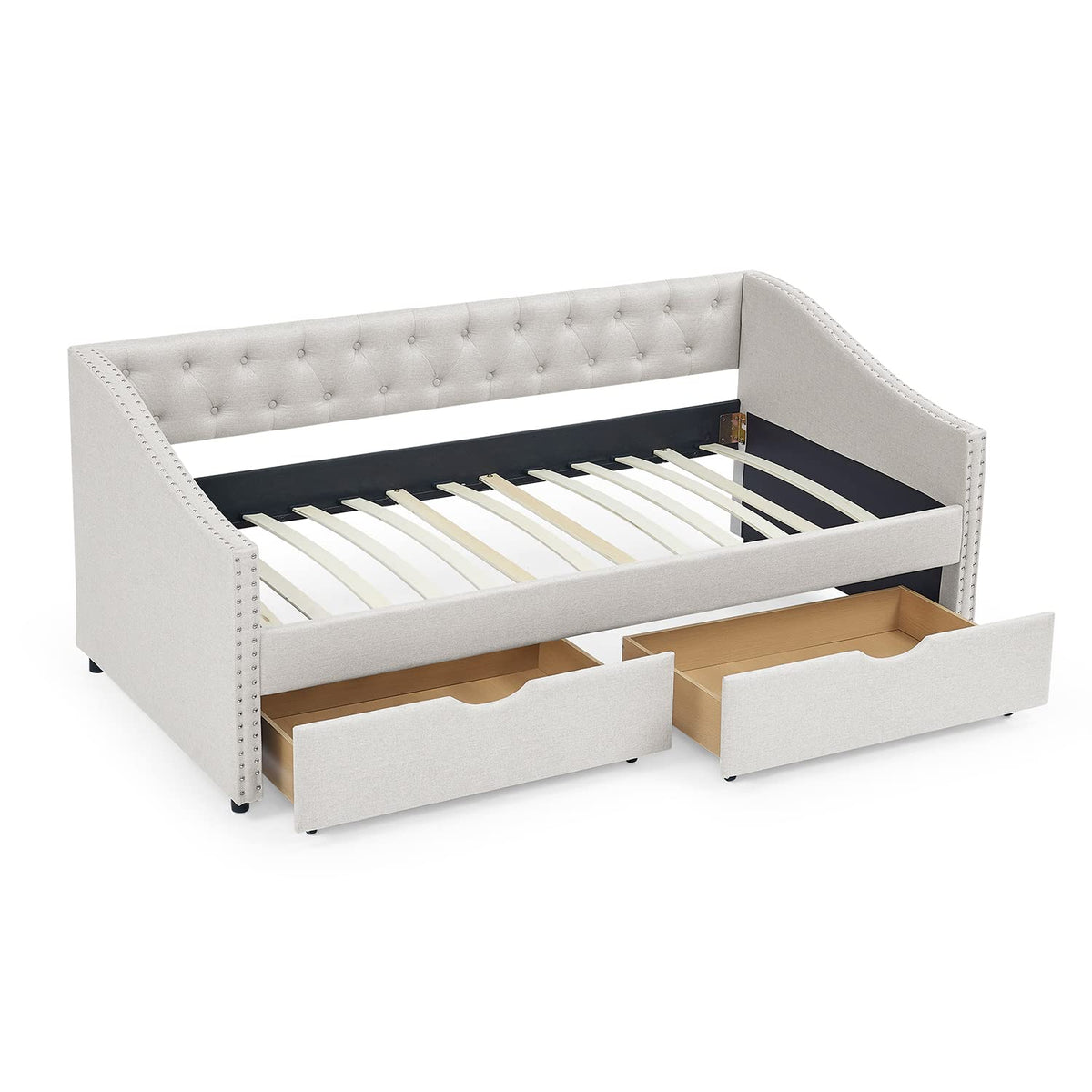Beige Twin Size Upholstered Daybed with Drawers V6135