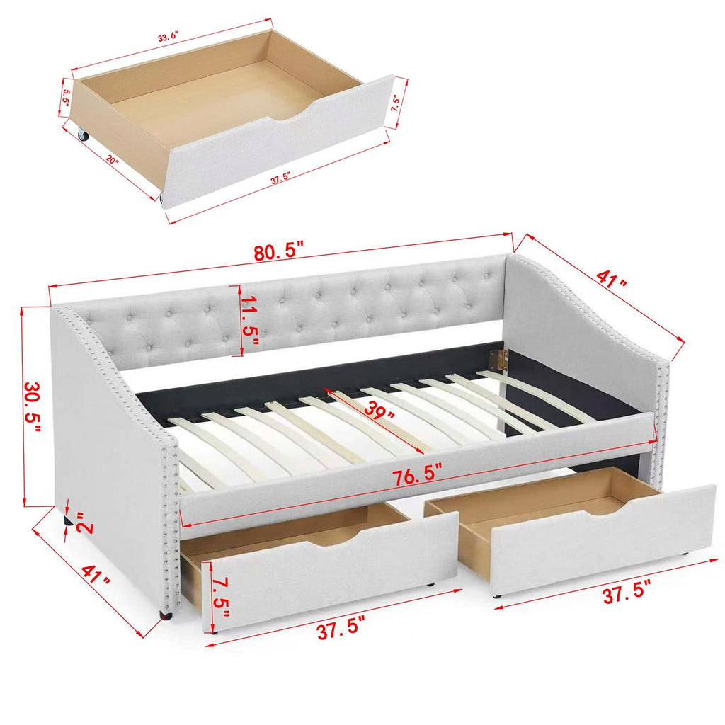 Beige Twin Size Upholstered Daybed with Drawers V6135
