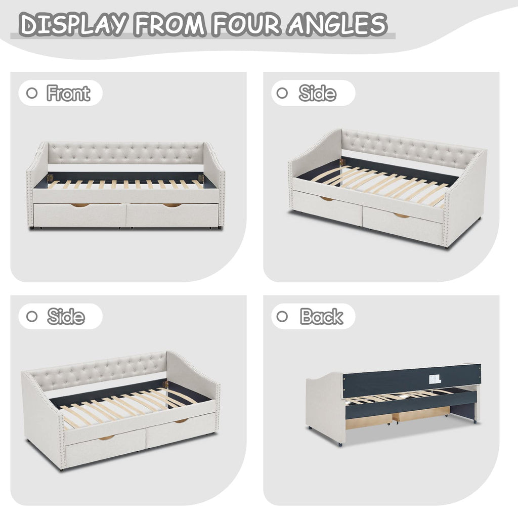 Beige Twin Size Upholstered Daybed with Drawers V6135