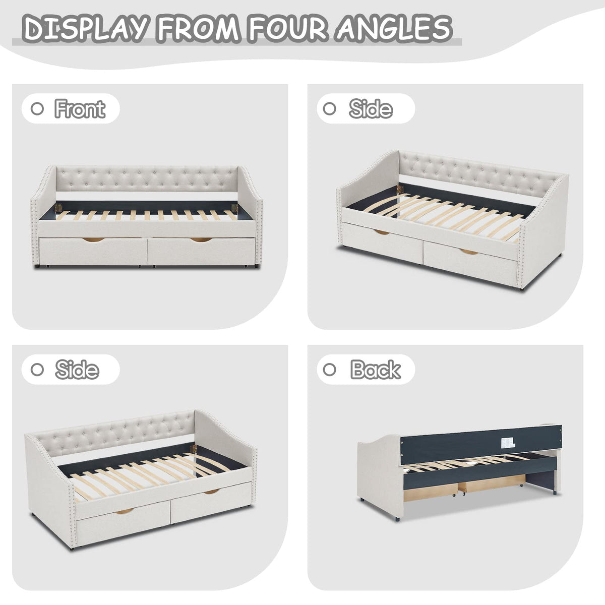 Beige Twin Size Upholstered Daybed with Drawers V6135
