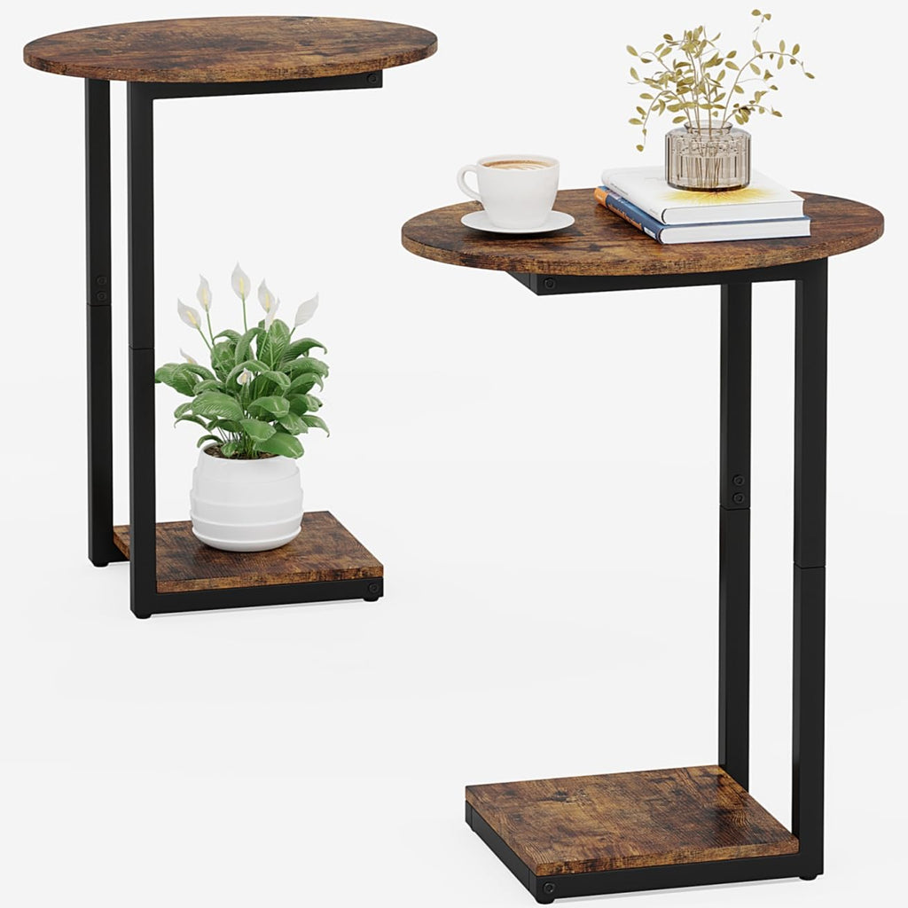 Small C-Shaped Wood Side Table Set of 2 with Metal Frame R702