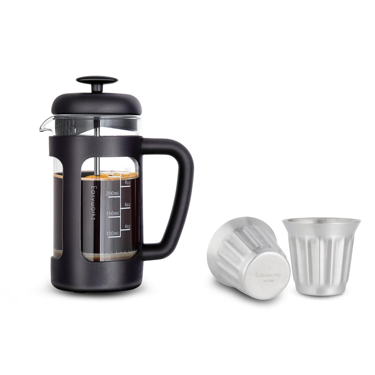 French Press 12 oz and Stainless Steel Double-Wall Espresso Cups 5 oz Set of 2 F222