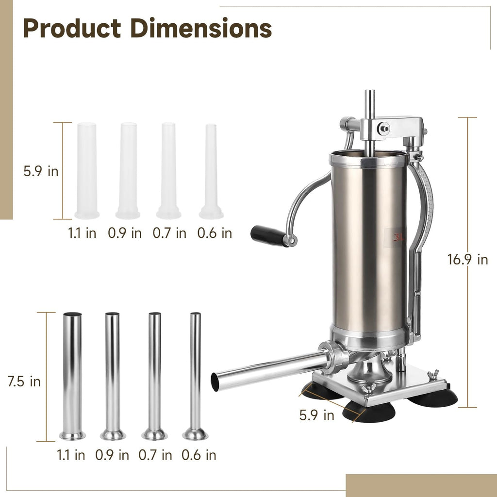 3L Hand Crank Stainless Steel Sausage Stuffer with 8 Tubes C181
