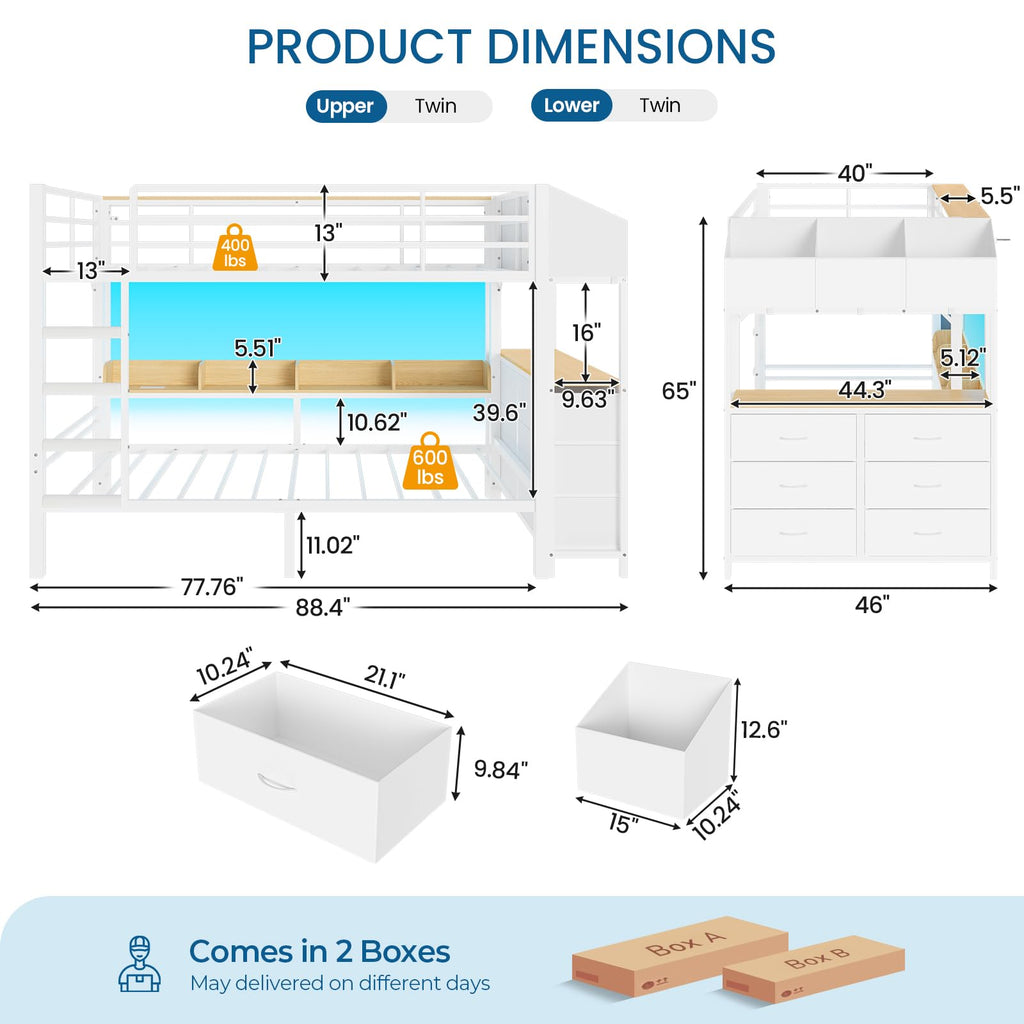 Twin Over Twin Bunk Bed with 6 Storage Drawers, Shelves, LED Lights and Ladder F7196