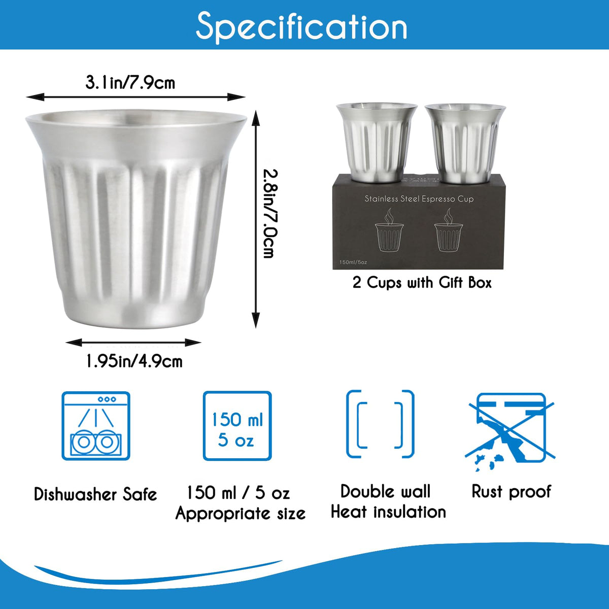 French Press 12 oz and Stainless Steel Double-Wall Espresso Cups 5 oz Set of 2 F222