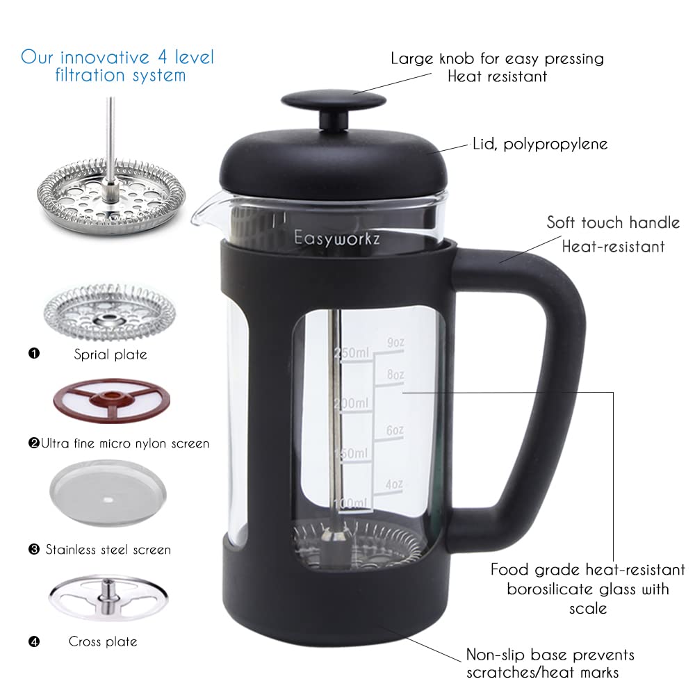French Press 12 oz and Stainless Steel Double-Wall Espresso Cups 5 oz Set of 2 F222