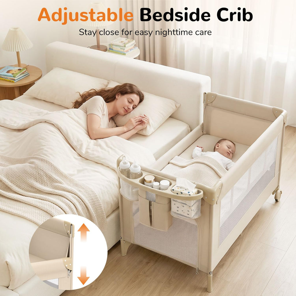 4 in 1 Foldable Pack and Play with Bassinet and Changing Table, Beige E486282