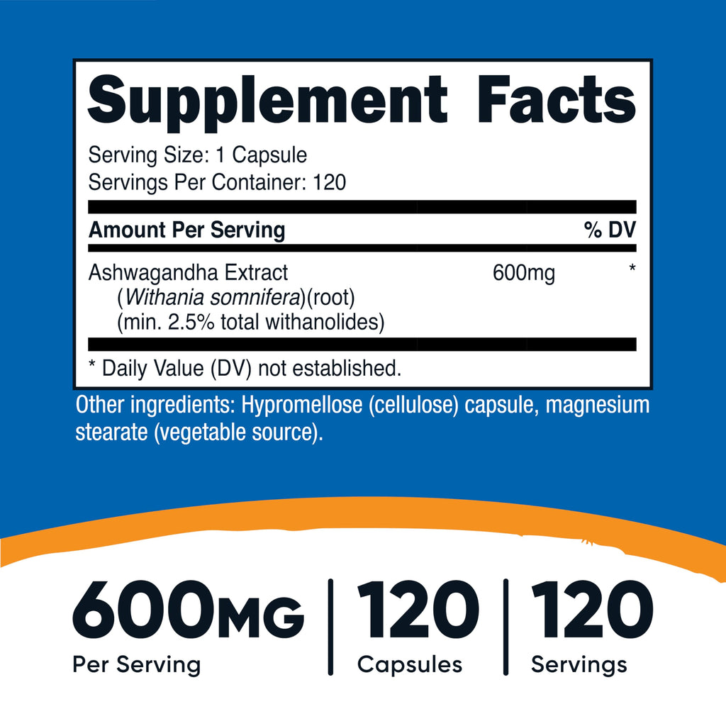 Ashwagandha Herbal Supplement 600mg 120 Capsules V66827