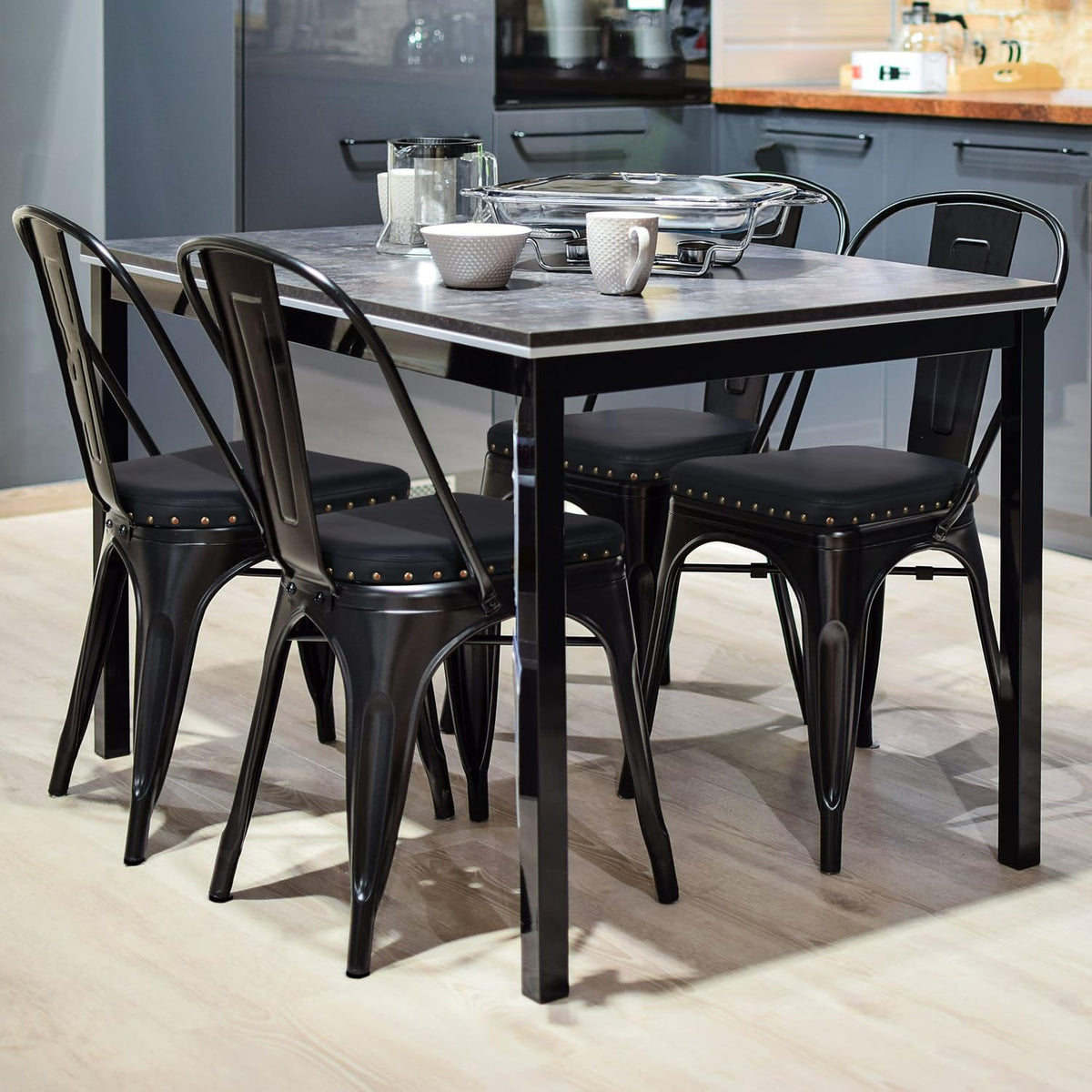 Black Cushioned Metal Dining Chairs Set of 4 S234