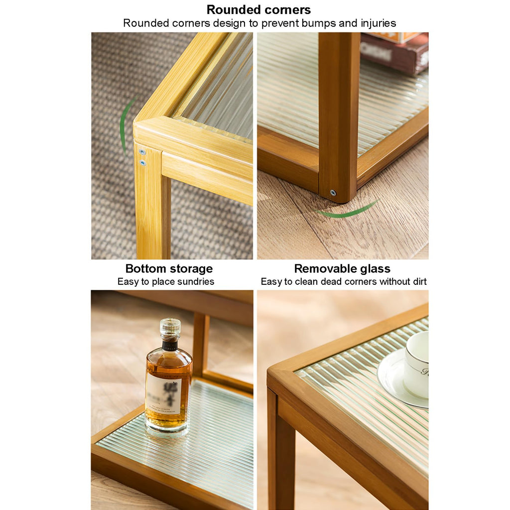 Square Glass Nesting Coffee Tables Set of 2 with Bamboo Frame G713219