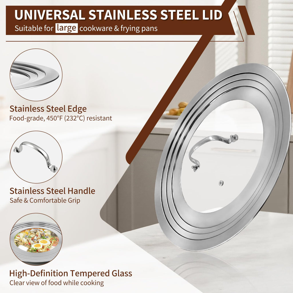 15 Inch Universal Lid for Pots Pans and Skillets, Stainless Steel Tempered Glass Y979