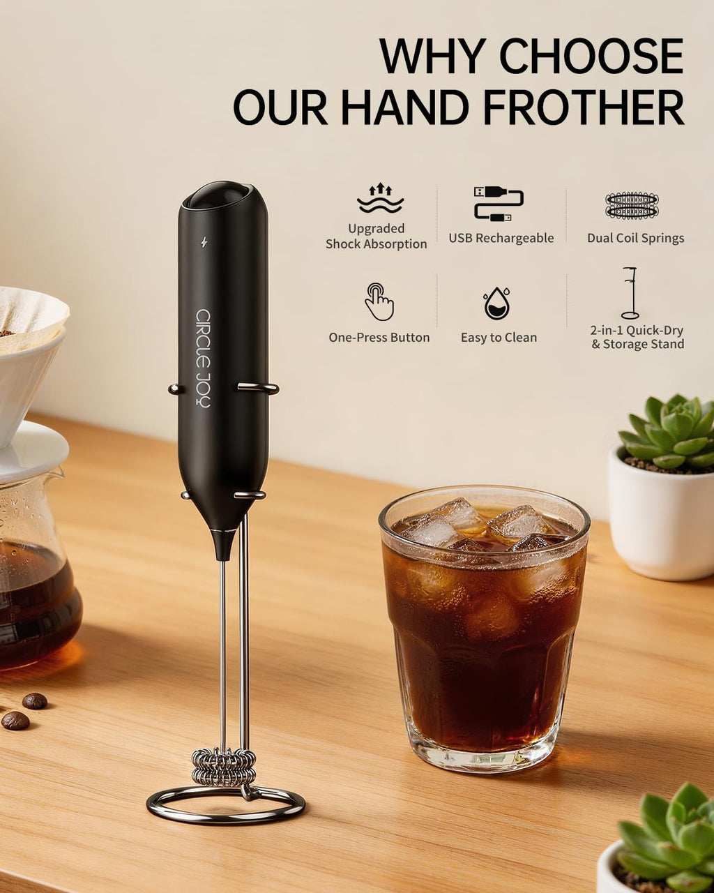 Rechargeable Handheld Milk Frother with Stand W92618