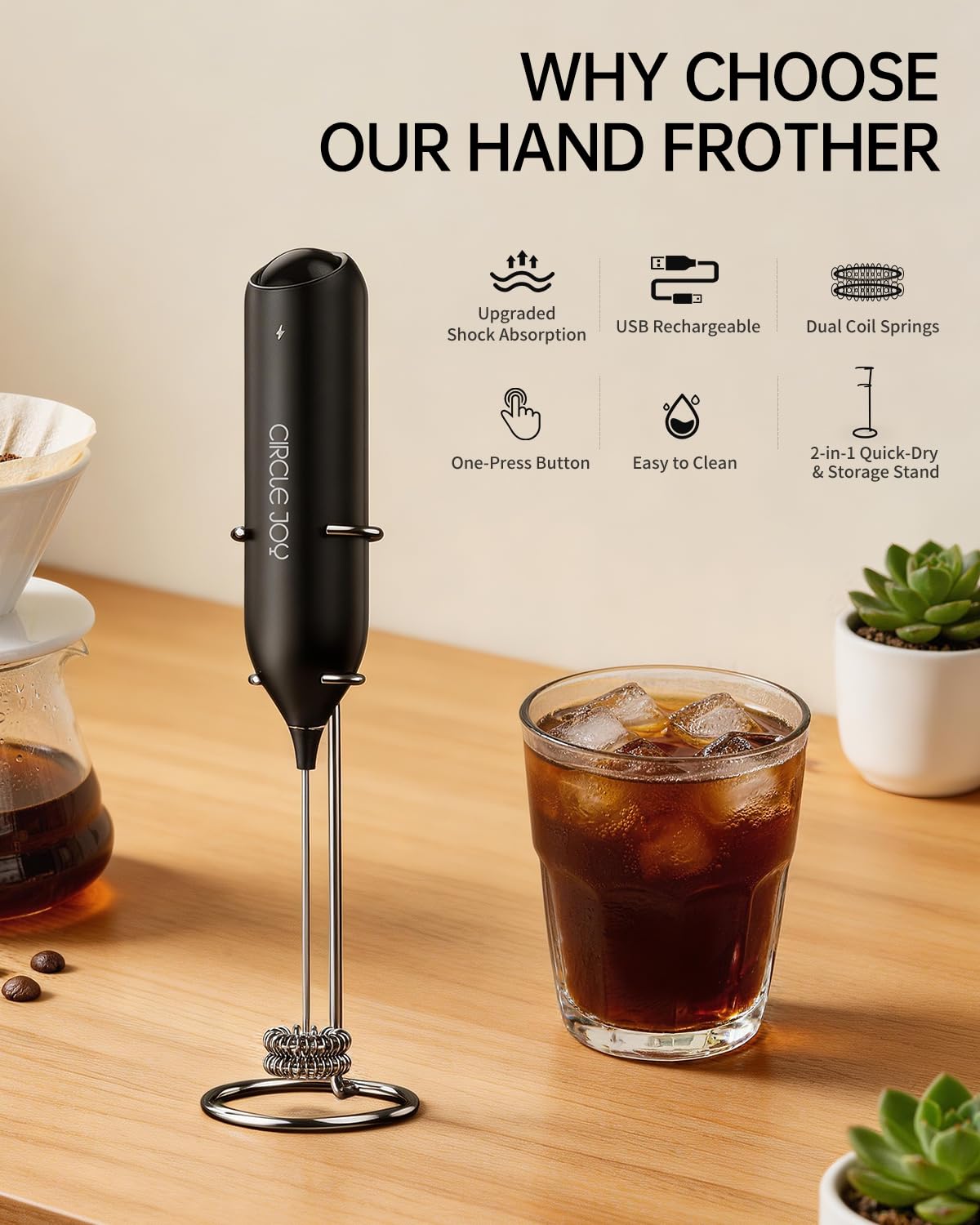 Rechargeable Handheld Milk Frother with Stand W92618