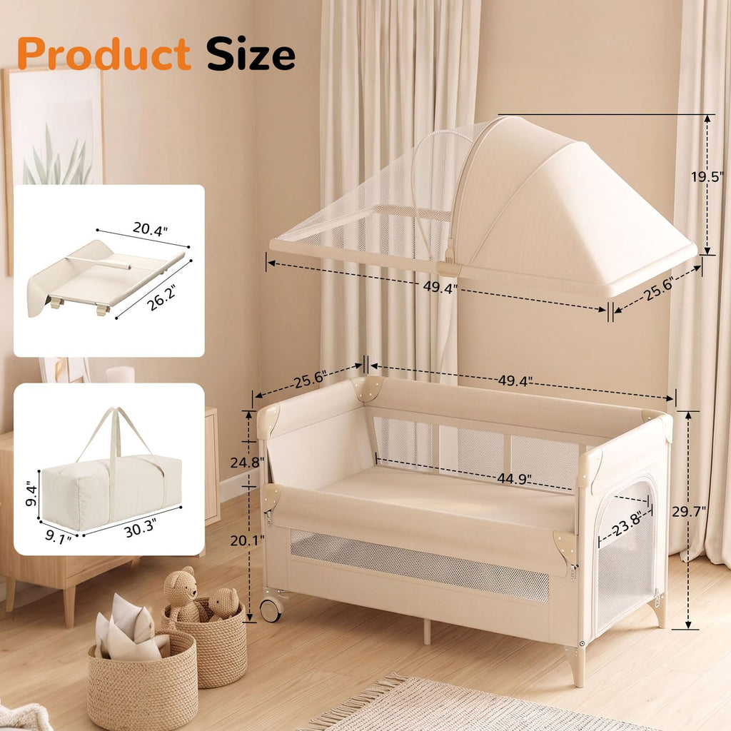 4 in 1 Foldable Pack and Play with Bassinet and Changing Table, Beige E486282