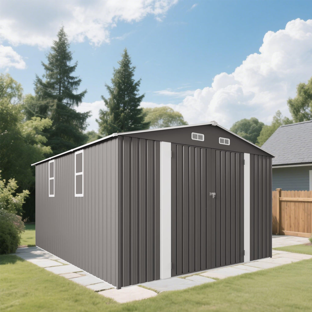 10x12 FT Grey Metal Storage Shed with Double Doors H153