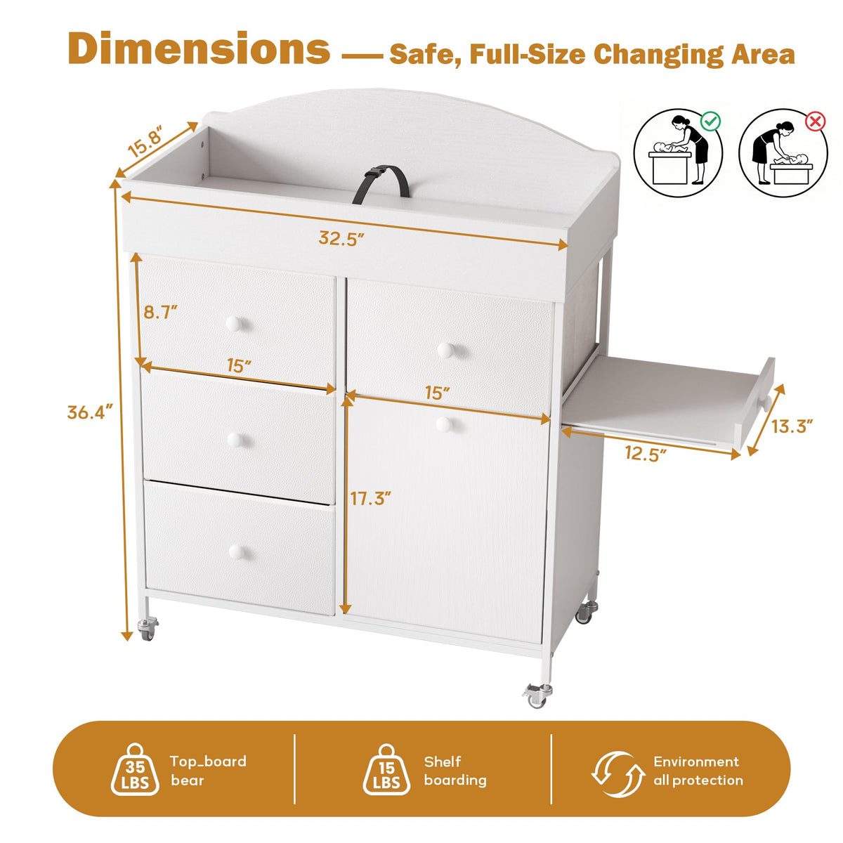 White 4 Drawer Baby Dresser with Changing Table Top W898080