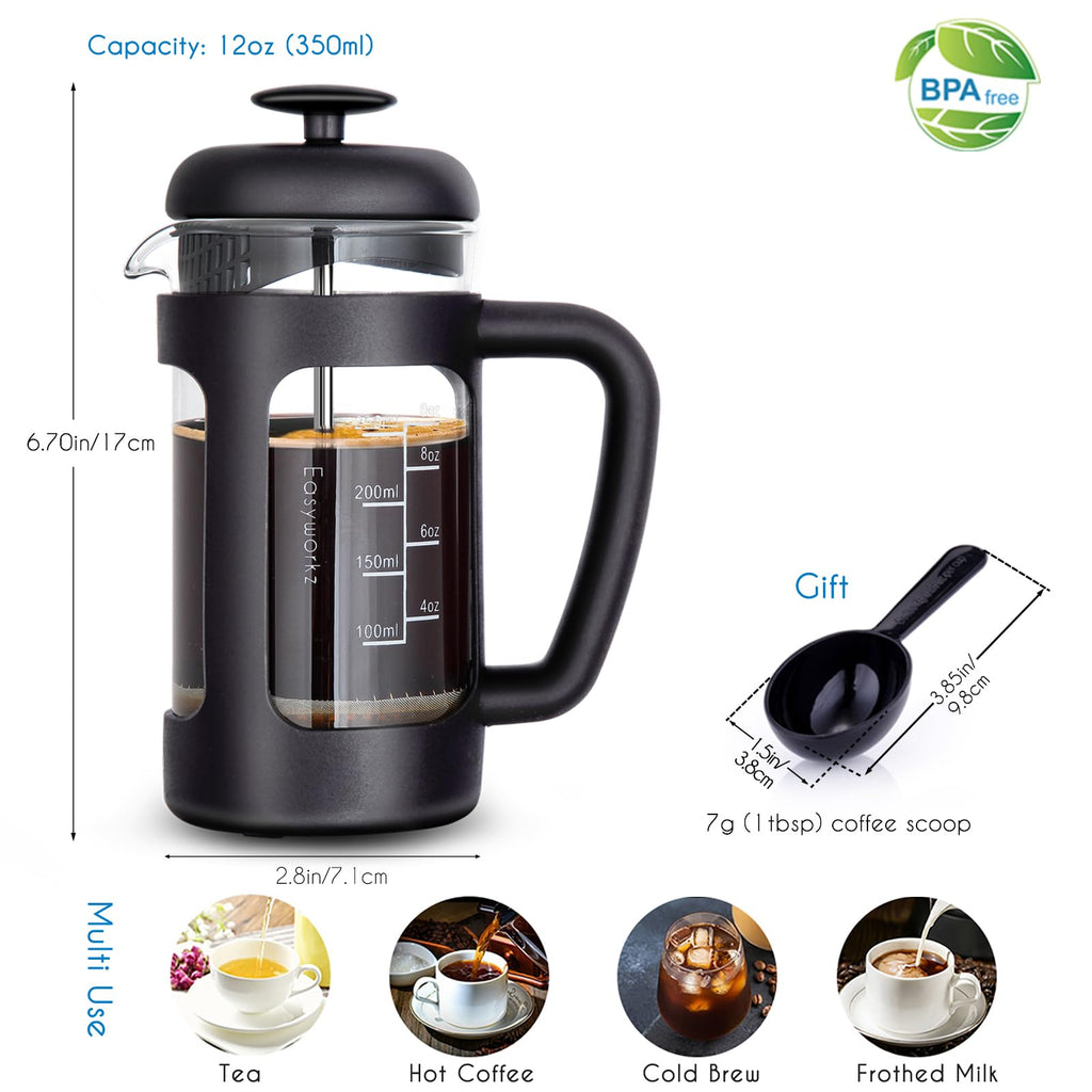 French Press 12 oz and Stainless Steel Double-Wall Espresso Cups 5 oz Set of 2 F222
