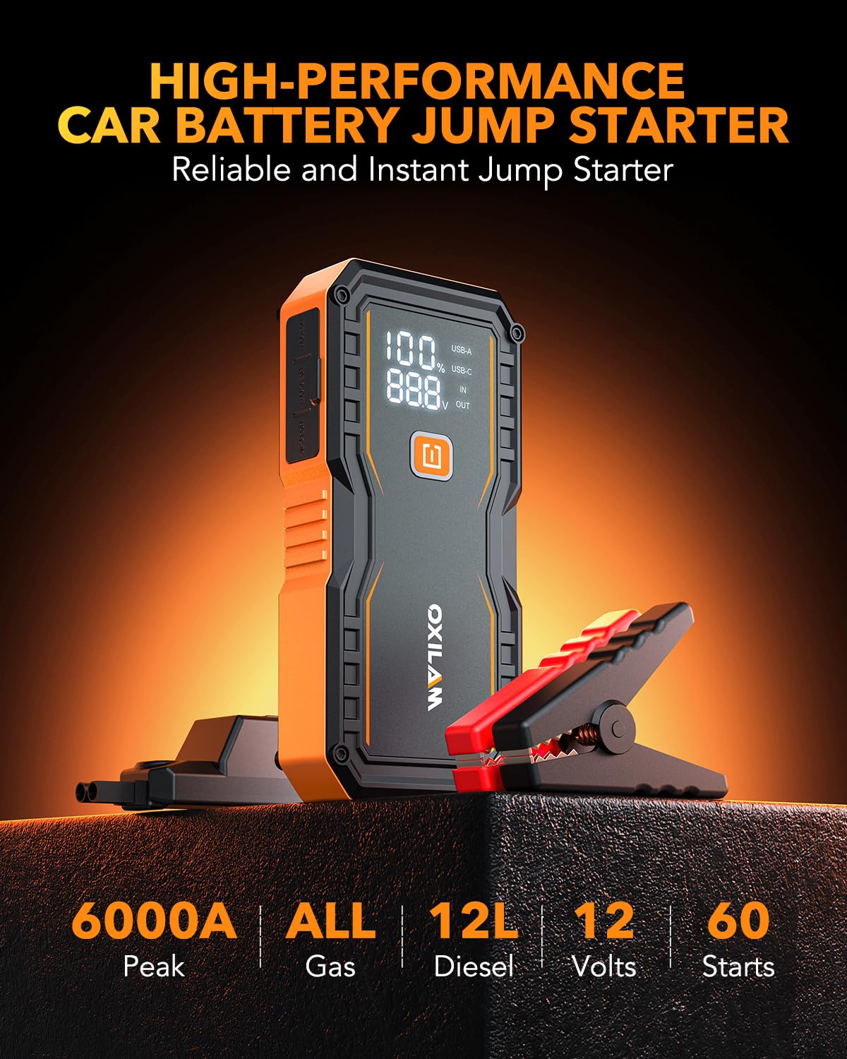 6000A Portable 12V Lithium Jump Starter with Jumper Cables O872936