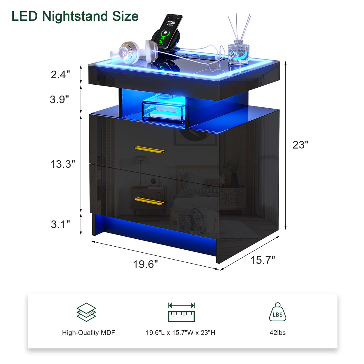 Black High Gloss Nightstand with Charging Station and 2 Drawers Q707345