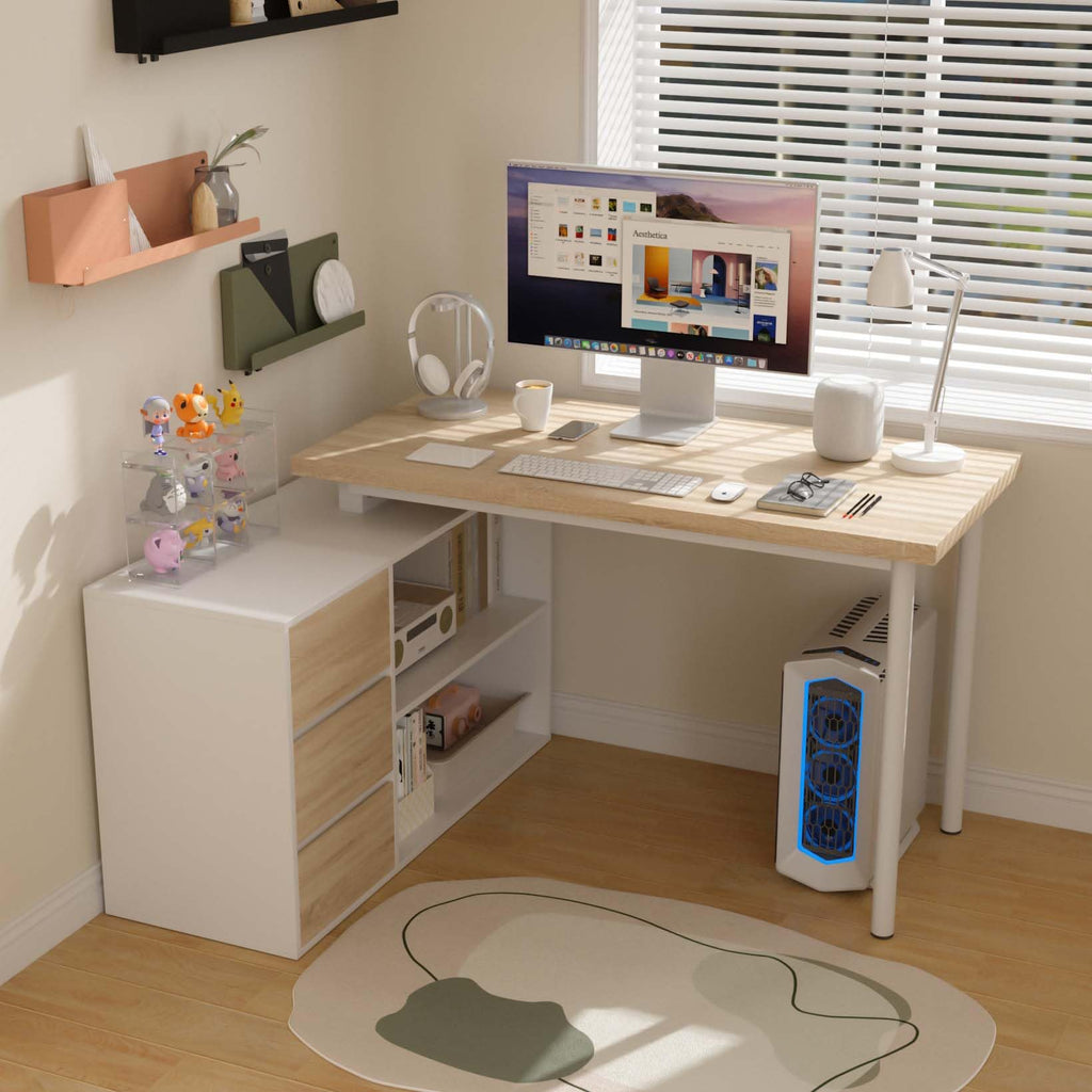 L Shaped Computer Desk with File Drawers & Storage Shelves P4332