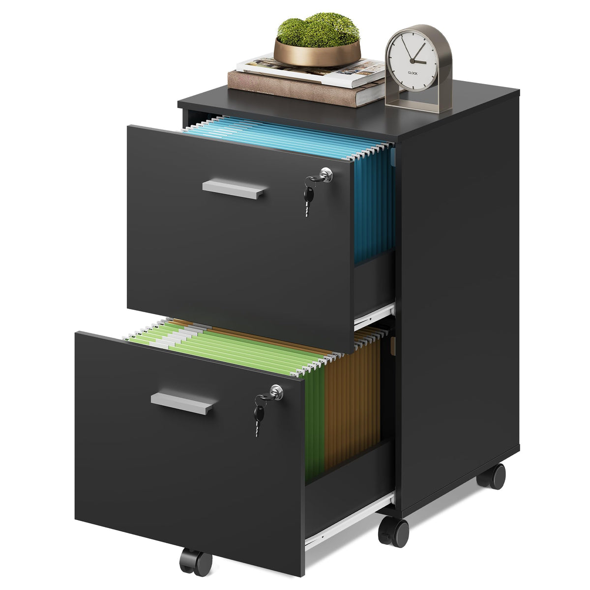 2 Drawer Wood File Cabinet with Lock, Black M573996