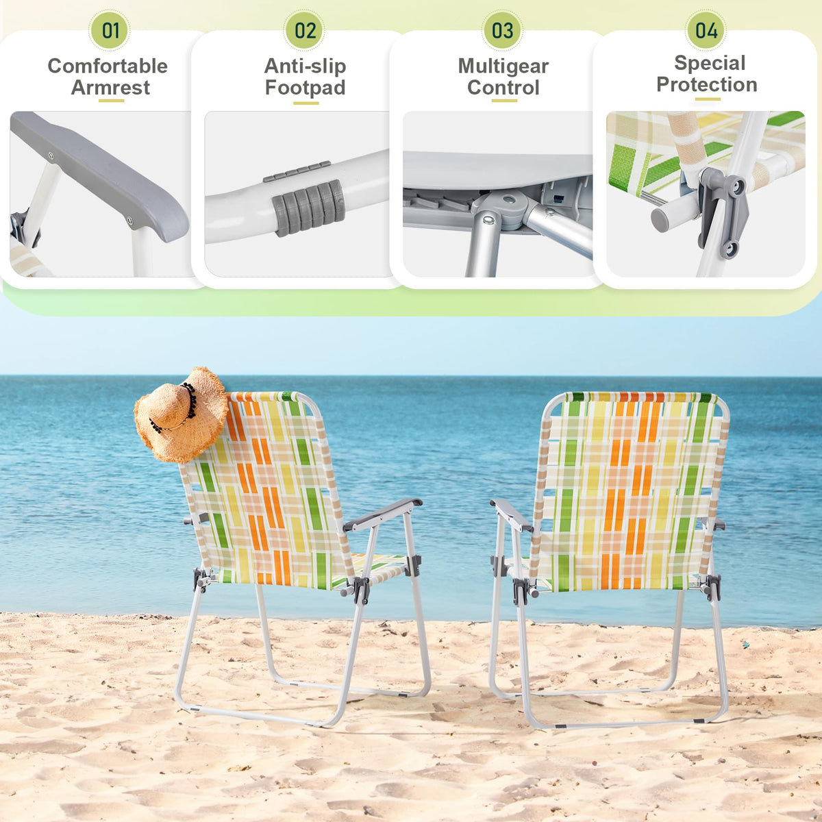Yellow & Green Set of 2 Oversized Foldable Beach Chairs F288