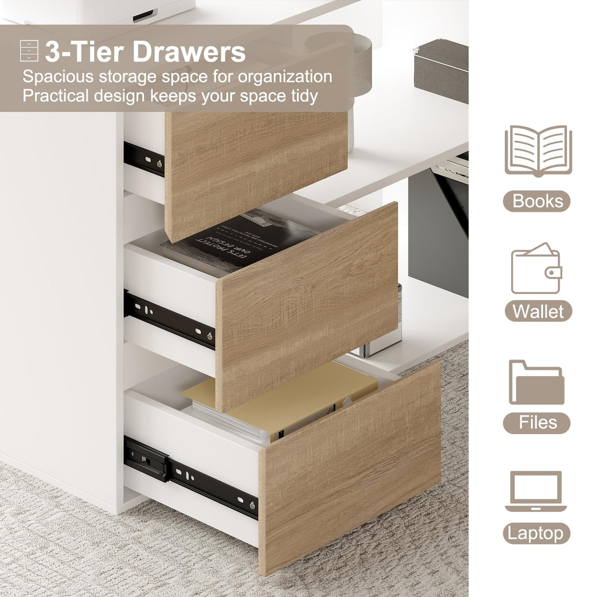 L Shaped Computer Desk with File Drawers & Storage Shelves P4332