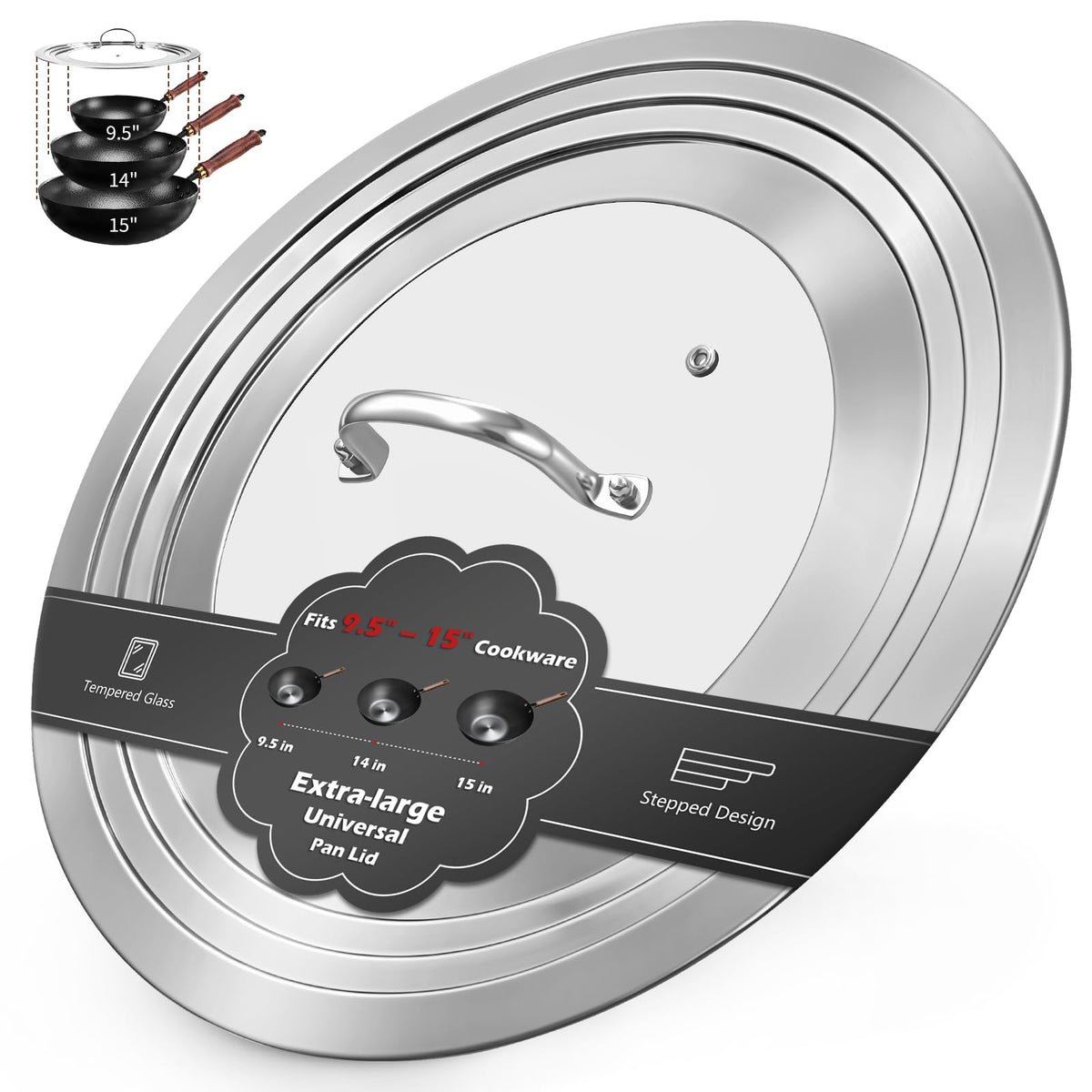15 Inch Universal Lid for Pots Pans and Skillets, Stainless Steel Tempered Glass Y979