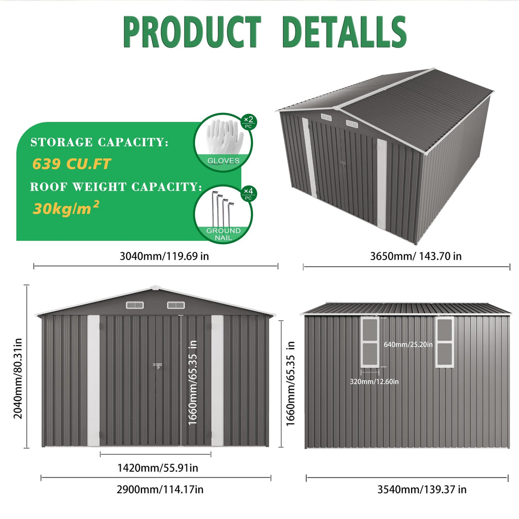 10x12 FT Grey Metal Storage Shed with Double Doors H153