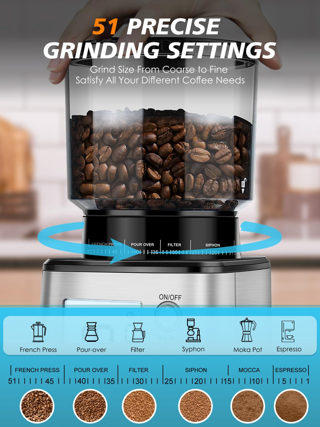 Conical Burr Espresso Coffee Grinder 51mm Stepless Electric N175