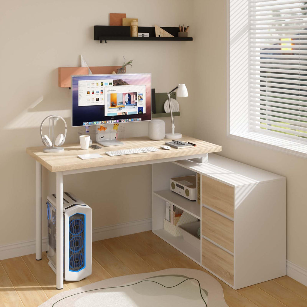 L Shaped Computer Desk with File Drawers & Storage Shelves P4332