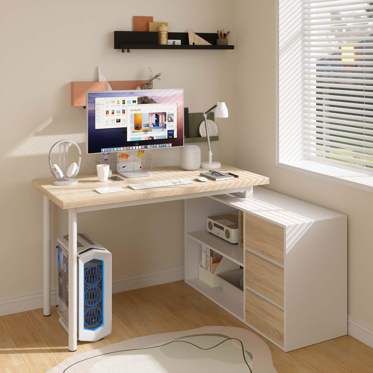 L Shaped Computer Desk with File Drawers & Storage Shelves P4332