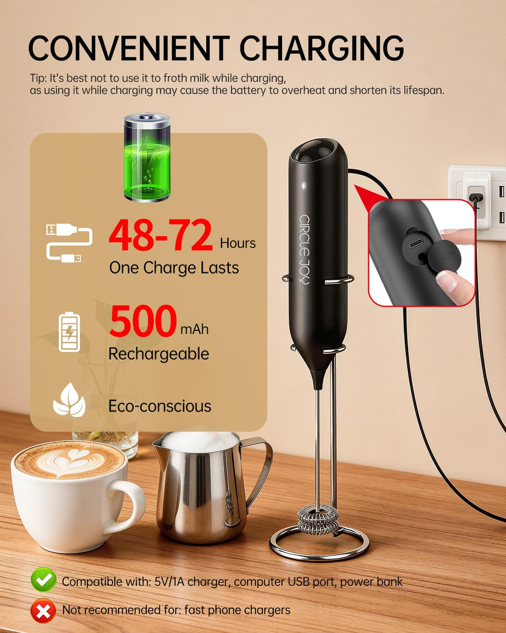 Rechargeable Handheld Milk Frother with Stand W92618