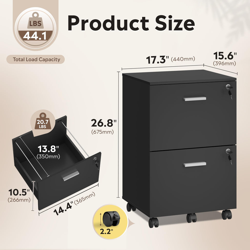 2 Drawer Wood File Cabinet with Lock, Black M573996