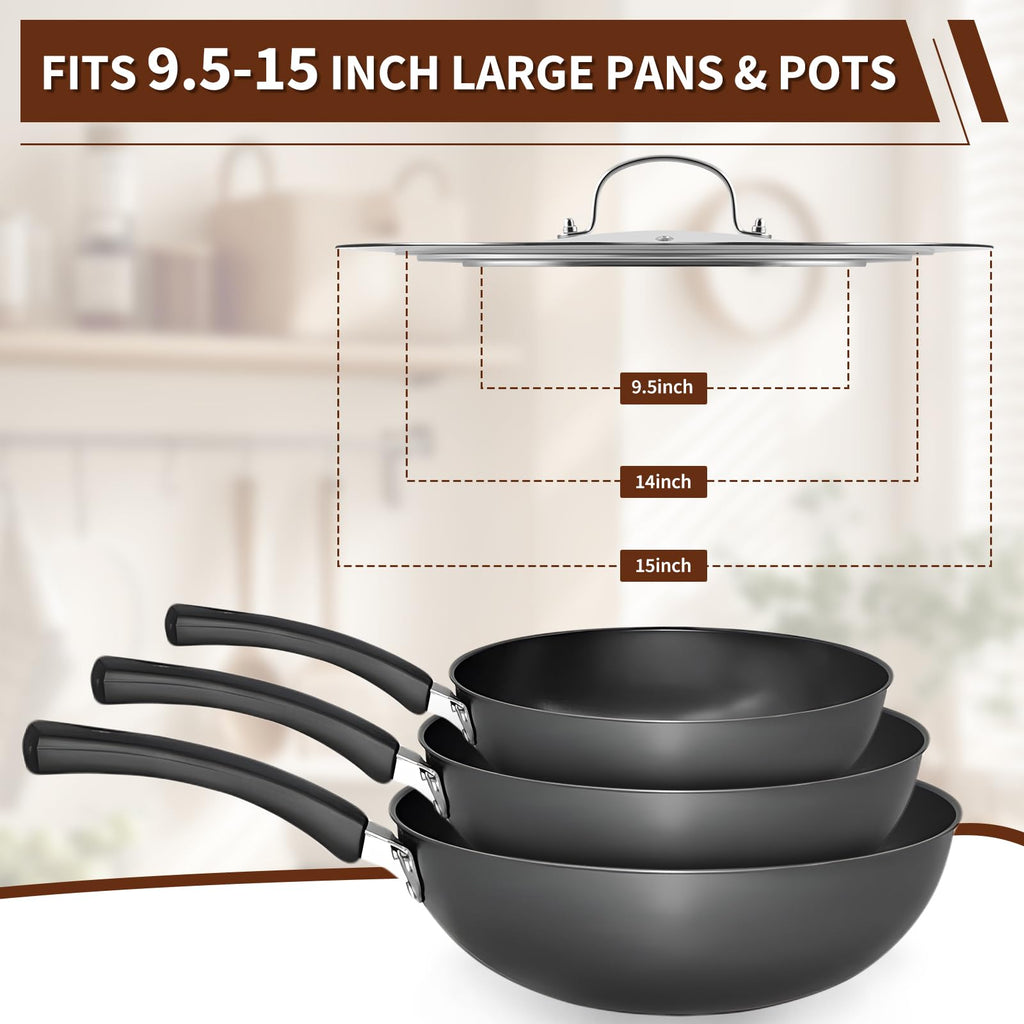 15 Inch Universal Lid for Pots Pans and Skillets, Stainless Steel Tempered Glass Y979