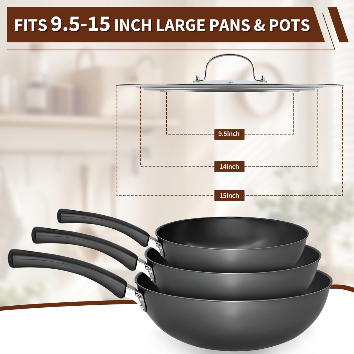 15 Inch Universal Lid for Pots Pans and Skillets, Stainless Steel Tempered Glass Y979