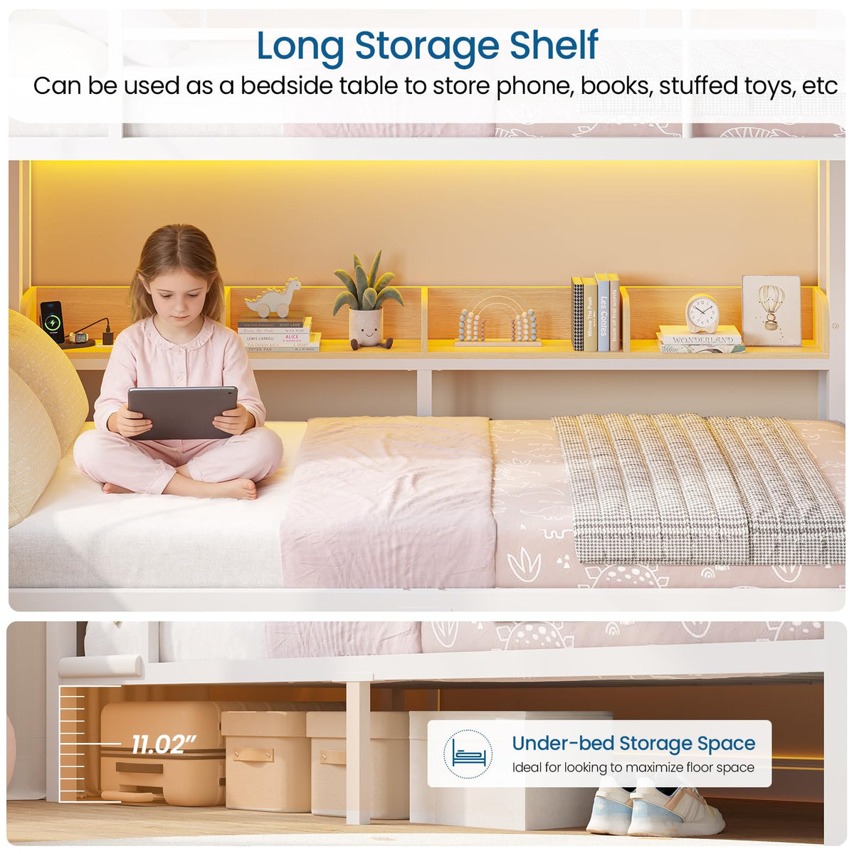 Twin Over Twin Bunk Bed with 6 Storage Drawers, Shelves, LED Lights and Ladder F7196