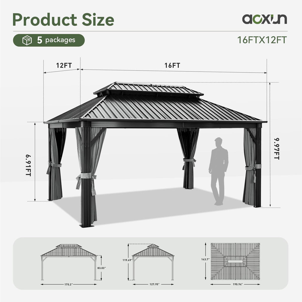 12FT X 16FT Hardtop Gazebo with Mosquito Netting and Curtains X64388