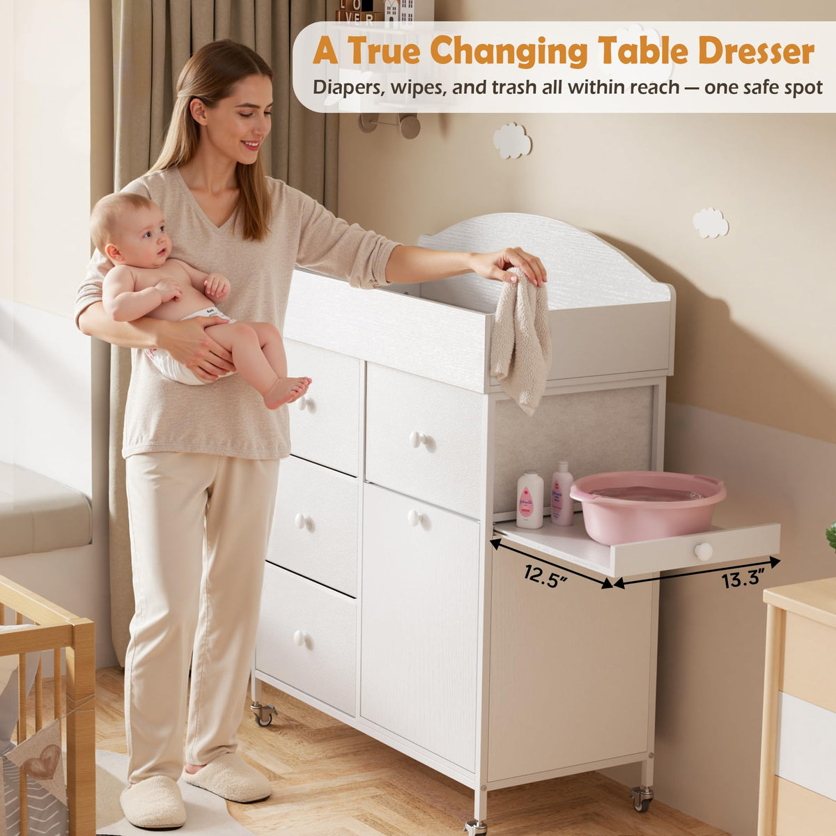 White 4 Drawer Baby Dresser with Changing Table Top W898080