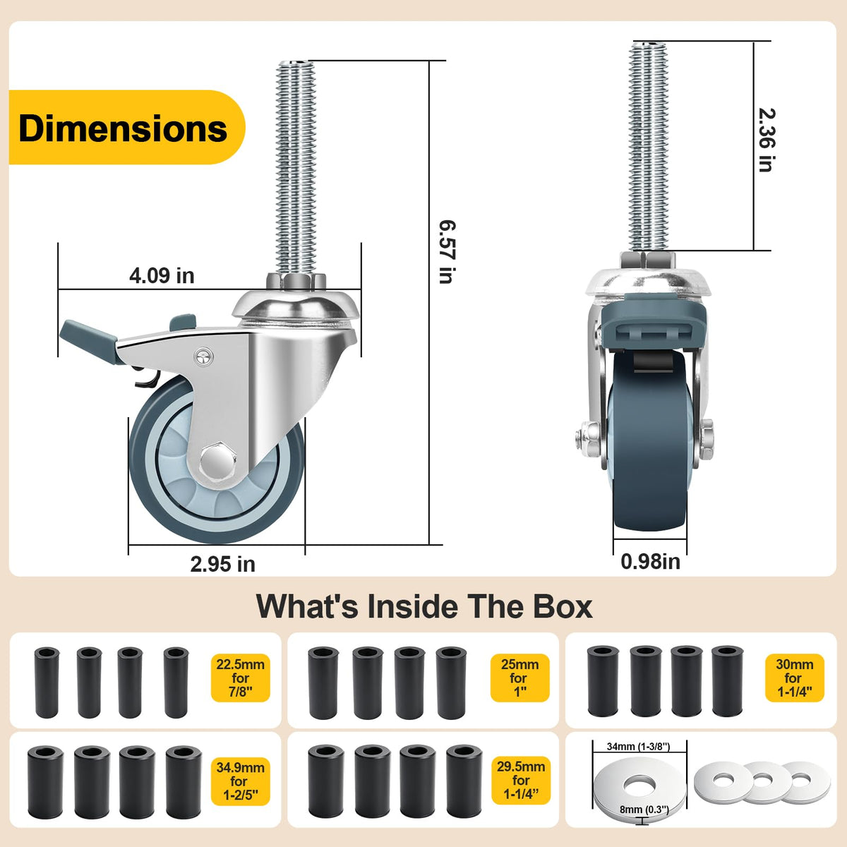 2 Inch Expanding Stem Caster Wheels with Locking Brake Set of 4 U3546