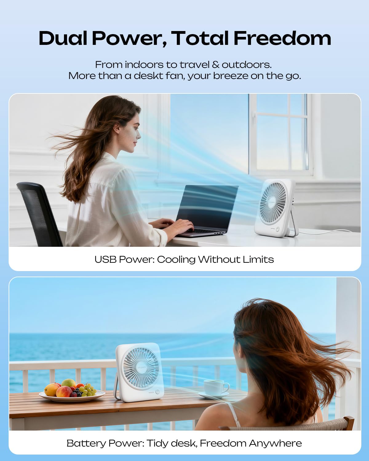 Portable Rechargeable Desk Fan 4000mAh 4-Speed 6.5 Inch White D33809
