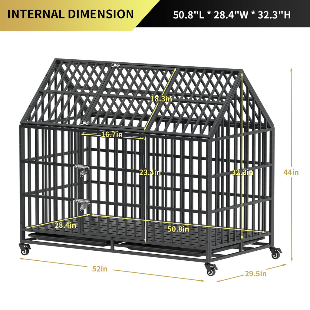 52 Inch Heavy Duty XXL Dog Crate with Open Roof Top, Trays and Wheels G698933