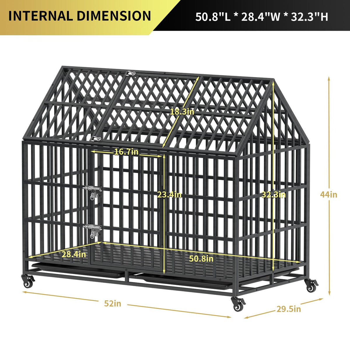 52 Inch Heavy Duty XXL Dog Crate with Open Roof Top, Trays and Wheels G698933