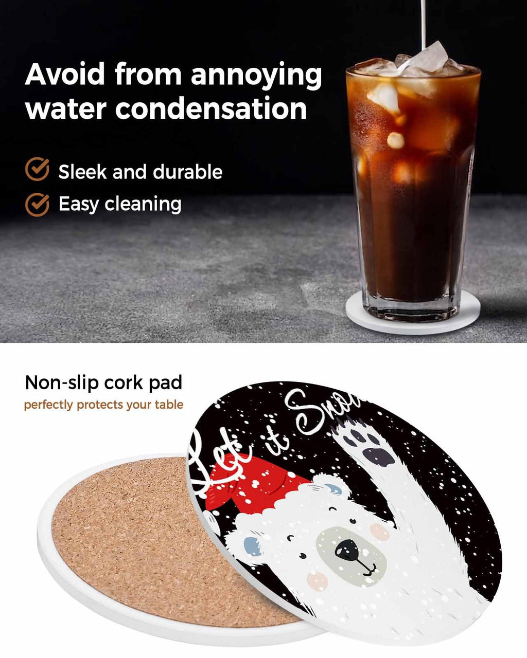 Set of 4 Absorbent Ceramic Stone Coasters with Cork Base Q61208