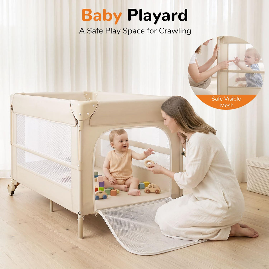 4 in 1 Foldable Pack and Play with Bassinet and Changing Table, Beige E486282
