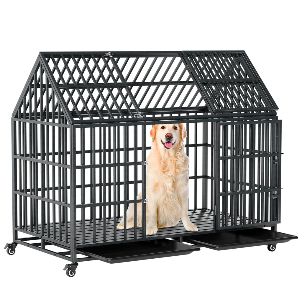 52 Inch Heavy Duty XXL Dog Crate with Open Roof Top, Trays and Wheels G698933