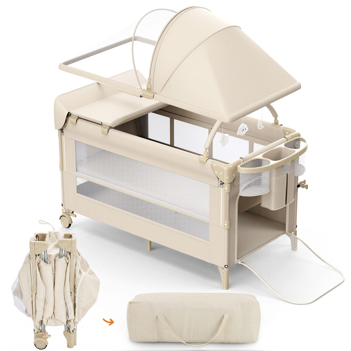 4 in 1 Foldable Pack and Play with Bassinet and Changing Table, Beige E486282