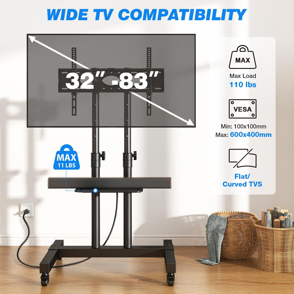 Mobile TV Cart Rolling TV Stand with Power Outlet for 32-83 Inch Screens Y69988