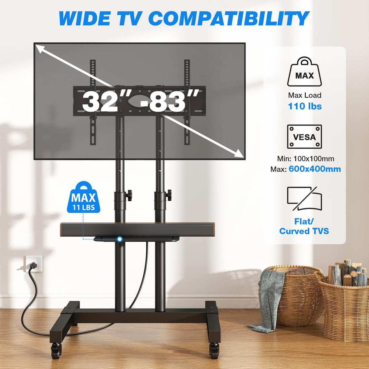 Mobile TV Cart Rolling TV Stand with Power Outlet for 32-83 Inch Screens Y69988
