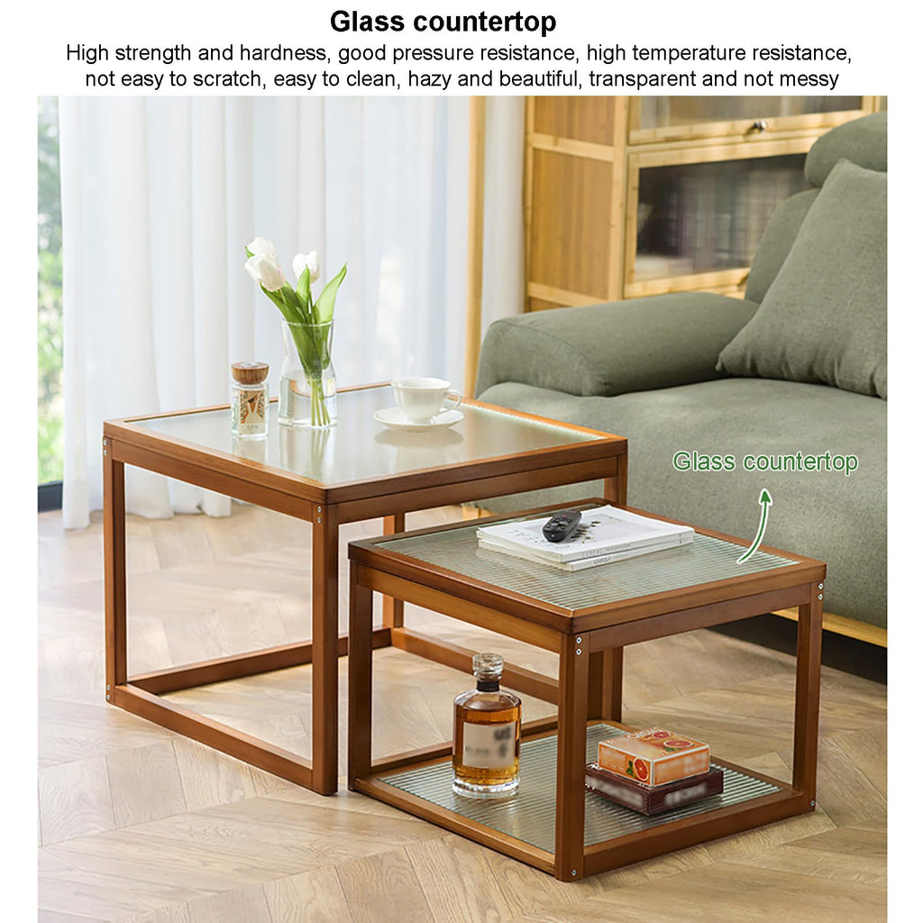 Square Glass Nesting Coffee Tables Set of 2 with Bamboo Frame G713219